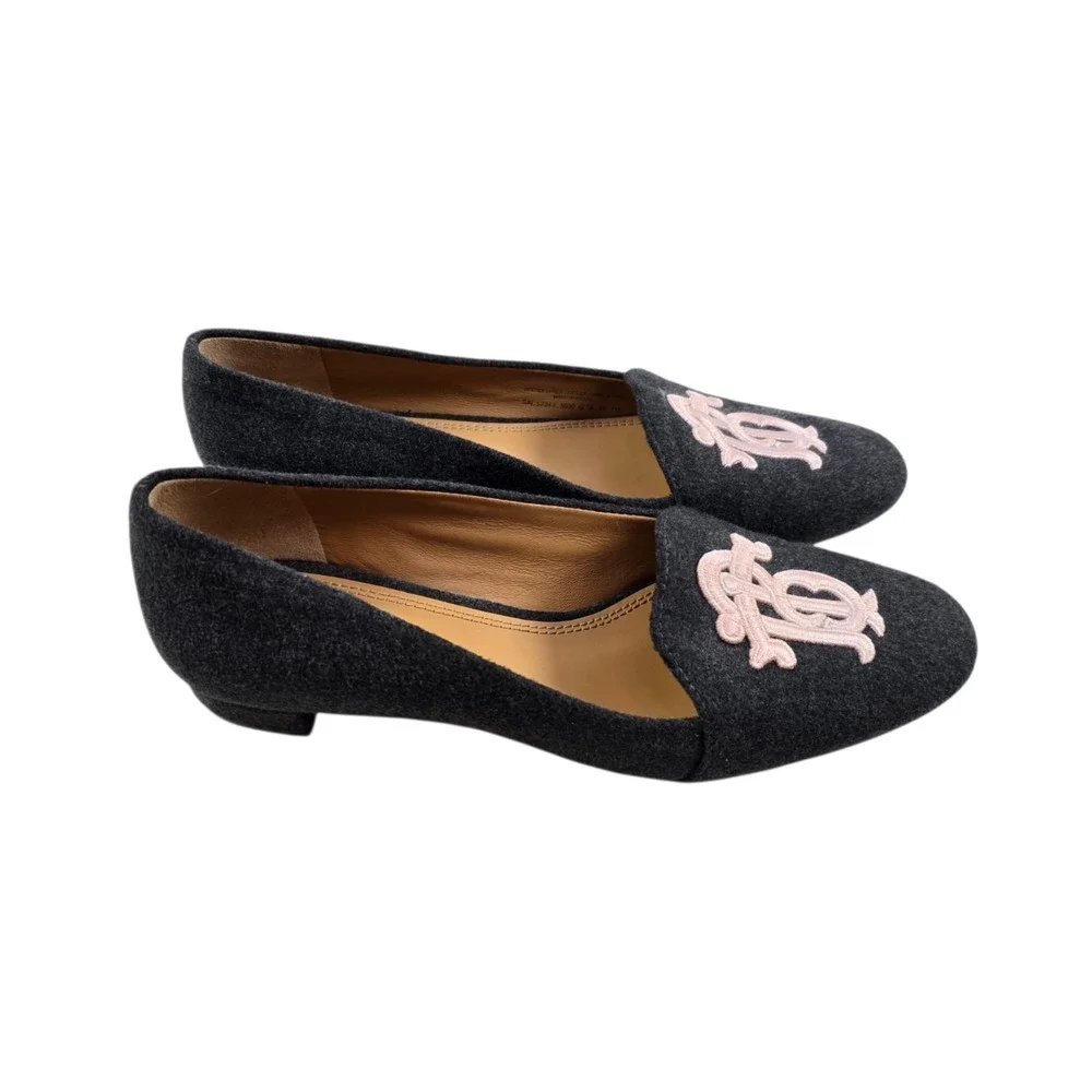 Tory Burch ANTONIA Grey Wool Flannel & Leather Loafers Monogram Pink Logo Sz 7M